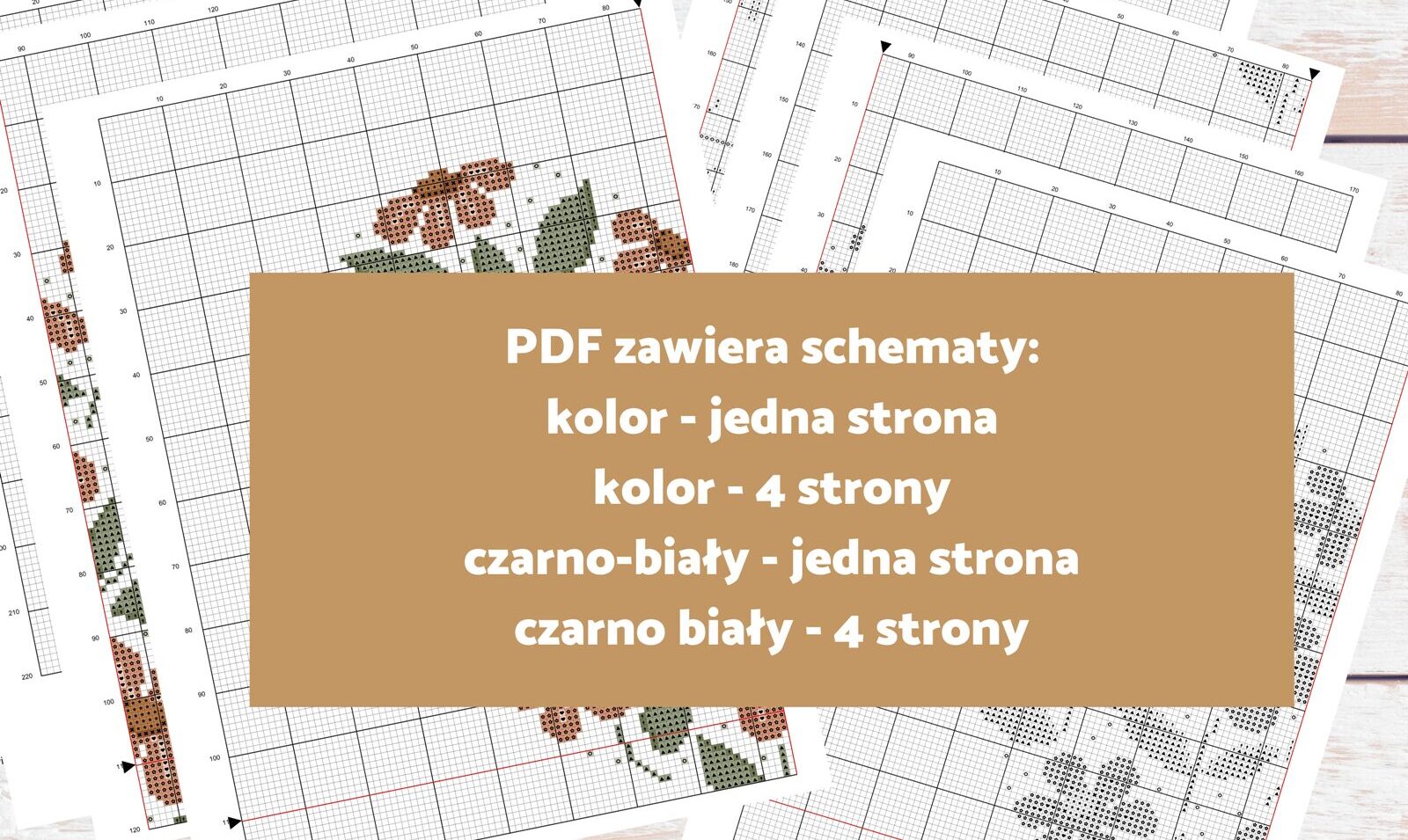Schemat haftu krzyżykowego PDF 4 wersje kolorowa czarno-biała jedna strona cztery strony metryczka