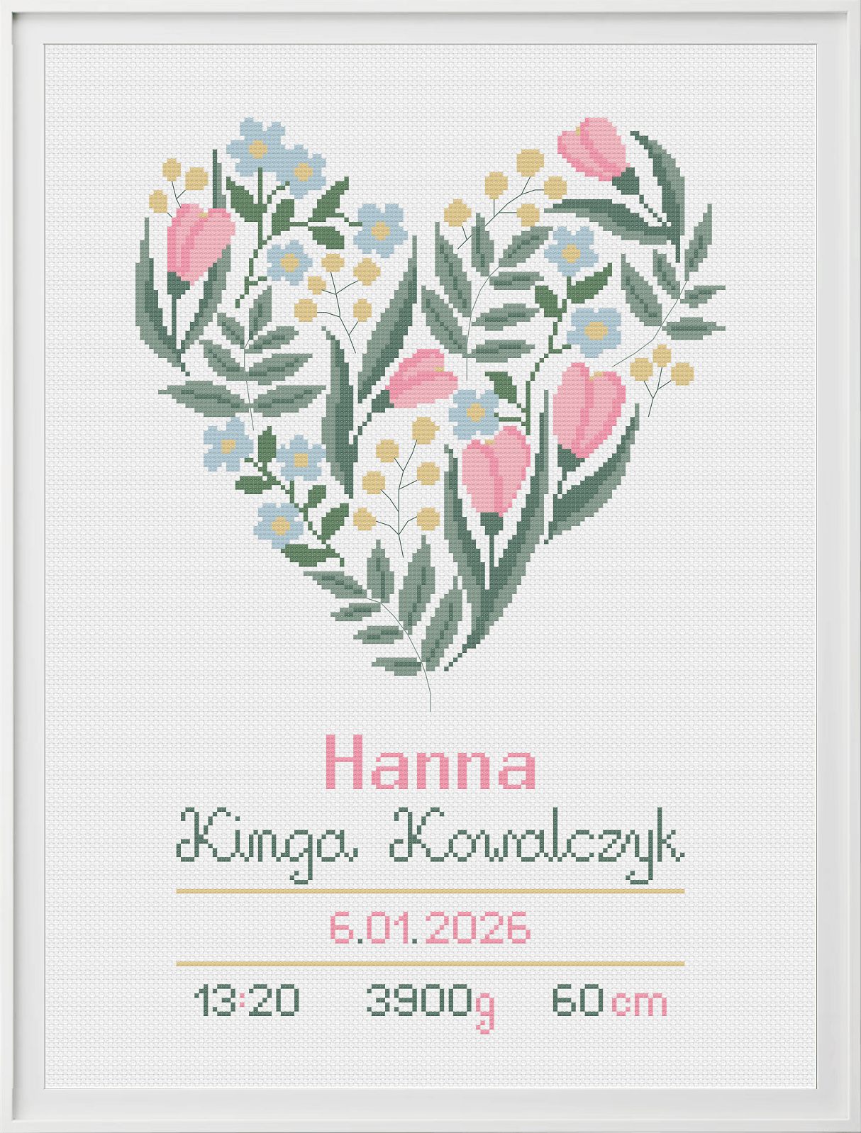Schemat haftu krzyżykowego metryczka urodzinowa Kwiatowe Serce wersja pastelowa PDF do pobrania