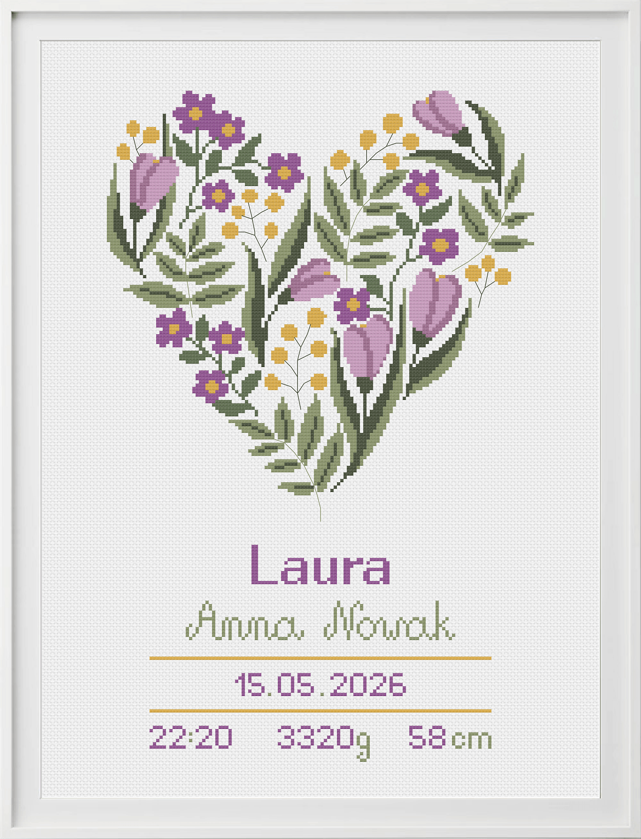Wzór haftu krzyżykowego metryczka niemowlęca Kwiatowe Serce fioletowa cross stitch PDF