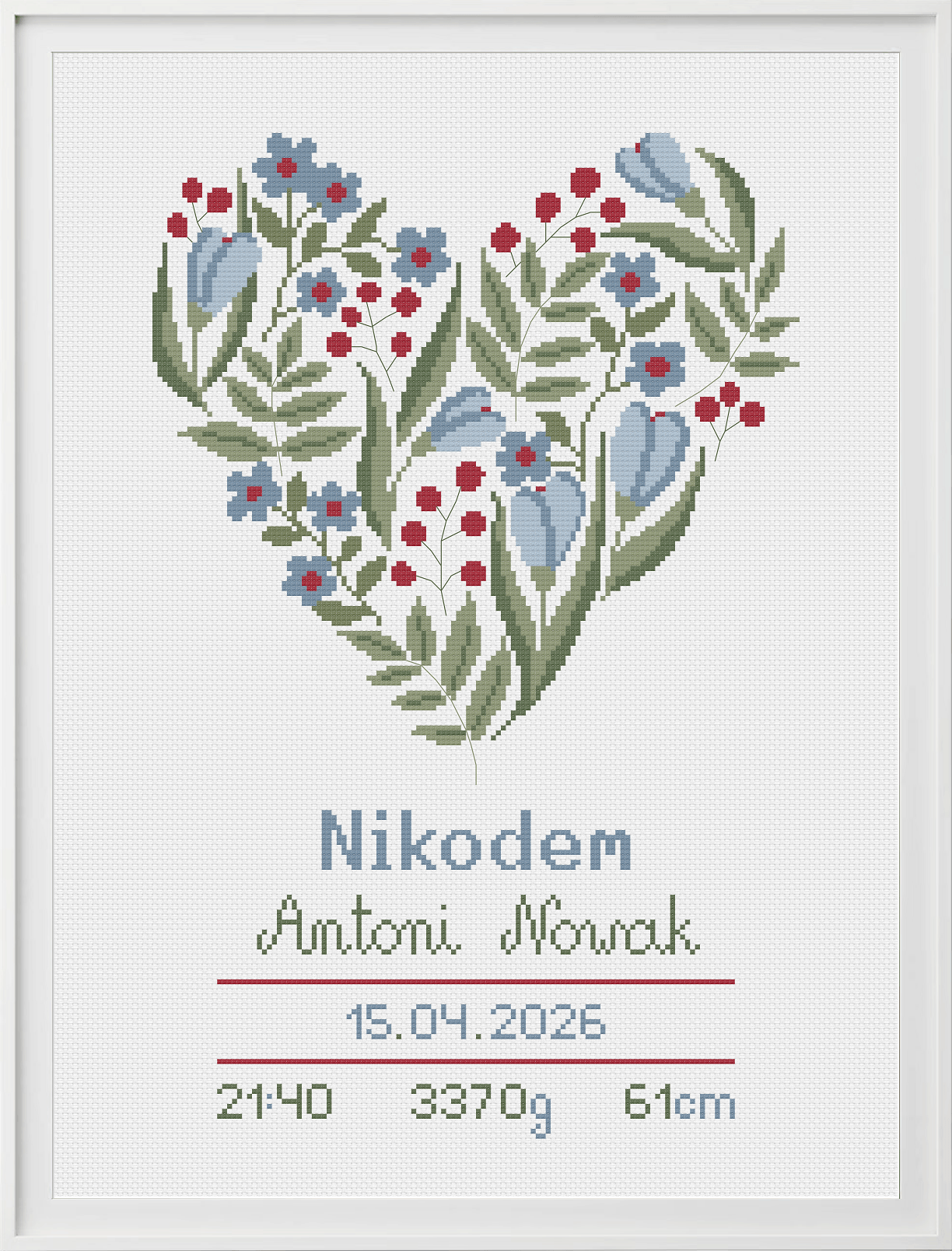 Wzór haftu krzyżykowego metryczka niemowlęca Kwiatowe Serce niebieska cross stitch PDF