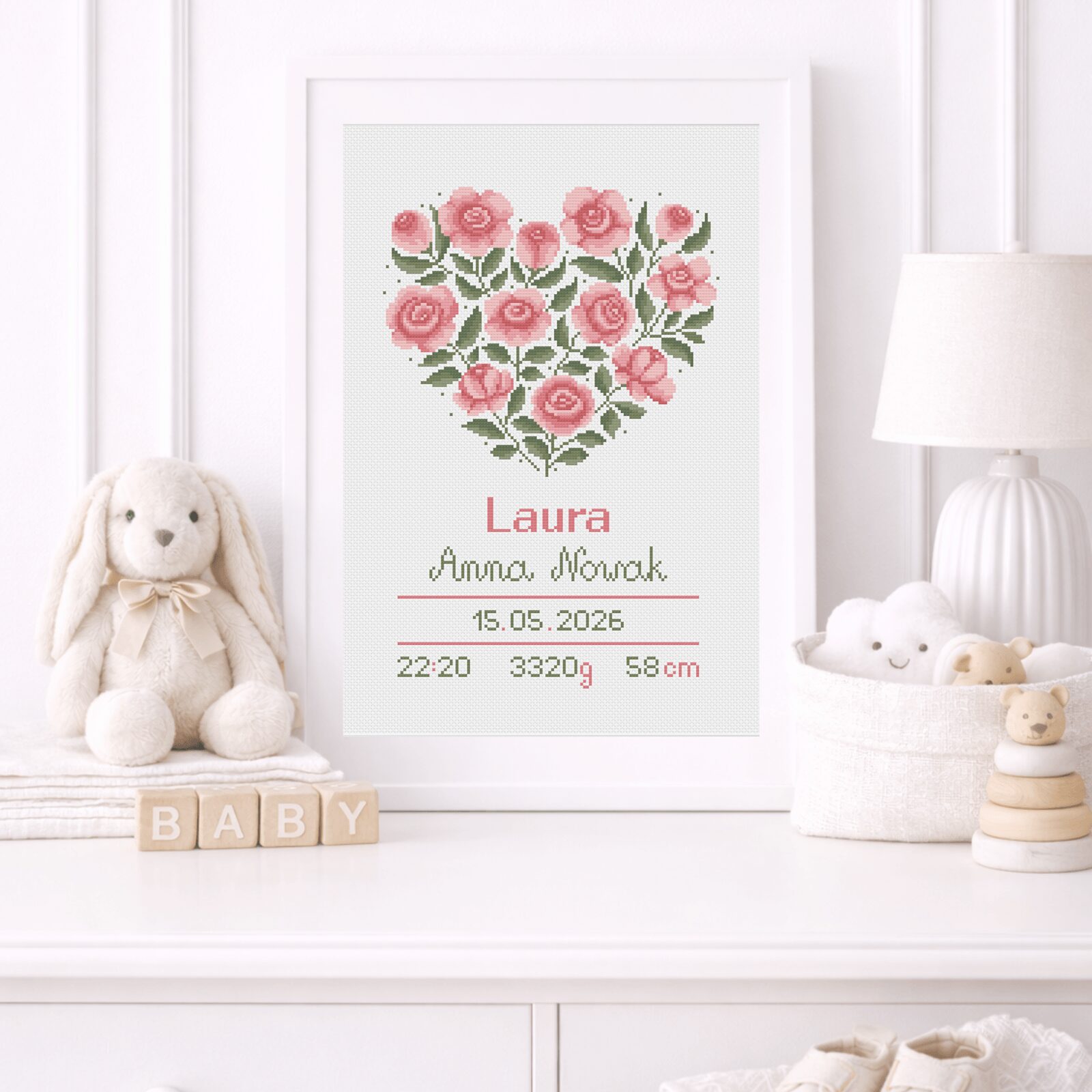 Wzór haftu krzyżykowego metryczka niemowlęca Różane Serce róże cross stitch PDF do pobrania