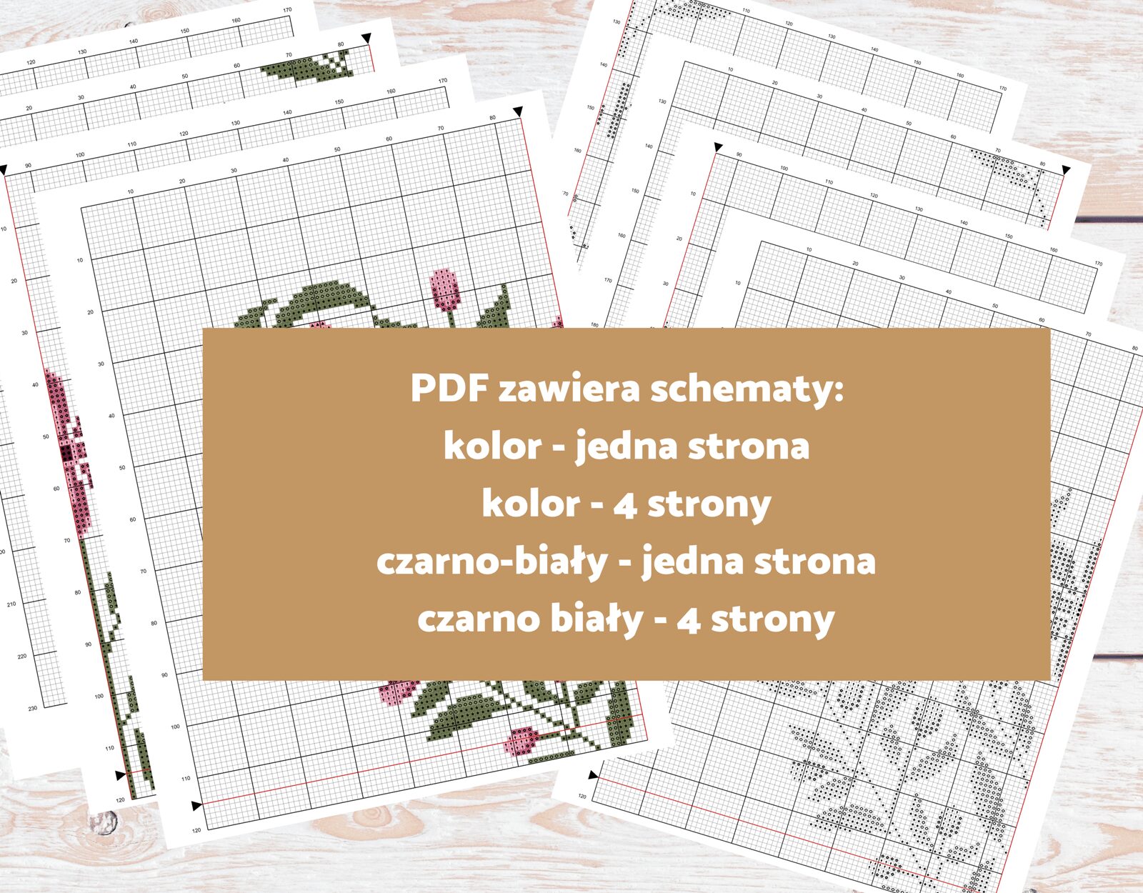 Schemat haftu krzyżykowego PDF Serce Folk różowa 4 wersje kolorowa czarno-biała wydruk