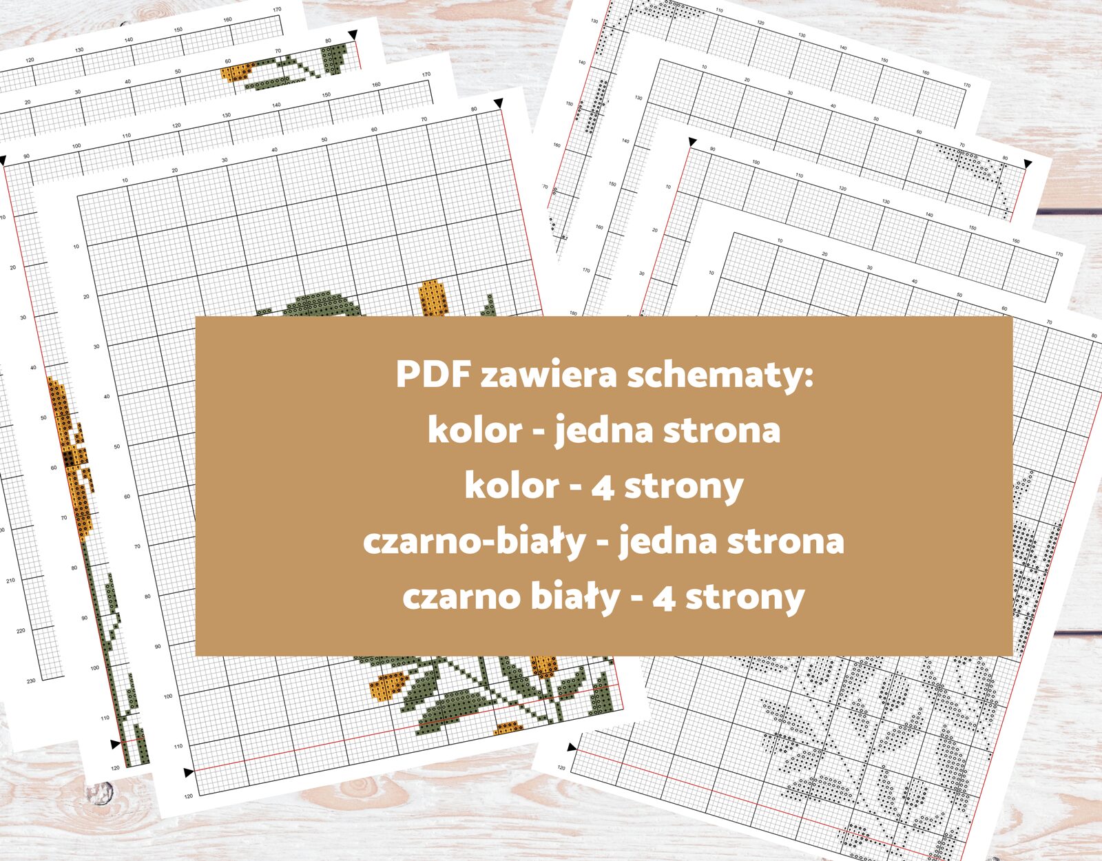Schemat haftu krzyżykowego PDF Serce Folk żółta 4 wersje kolorowa czarno-biała wydruk