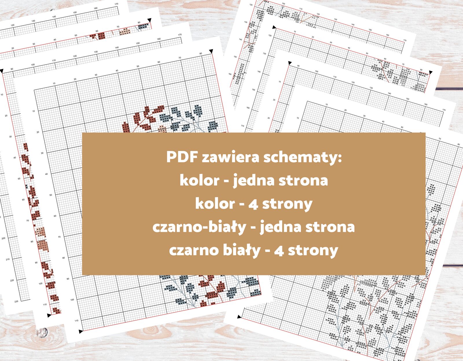 Schemat haftu krzyżykowego PDF Serce z Gałązek boho 4 wersje kolorowa czarno-biała wydruk