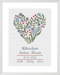 Schemat haftu krzyżykowego metryczka urodzinowa Kwiatowe Serce niebieska dla chłopca PDF do pobrania
