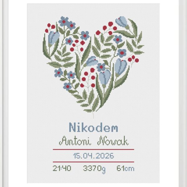 Schemat haftu krzyżykowego metryczka urodzinowa Kwiatowe Serce niebieska dla chłopca PDF do pobrania